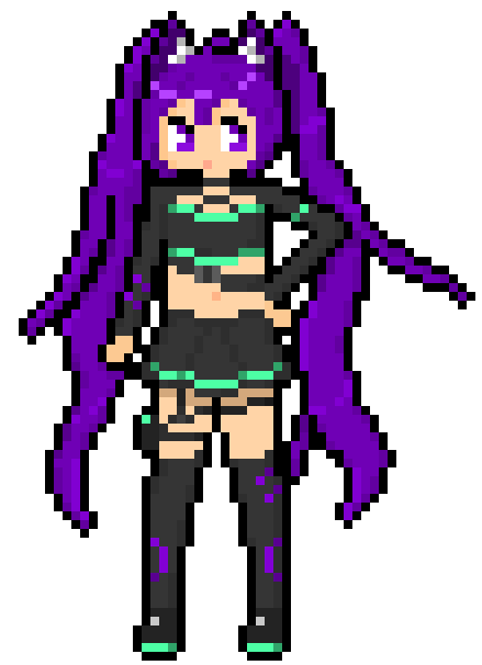 A pixel-art rendition of Kyana standing casually, wearing a purple and green combat outfit.