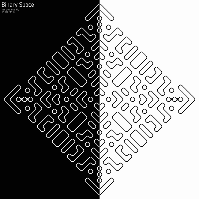 Black and white album art with an abstract pixel-art design in the center