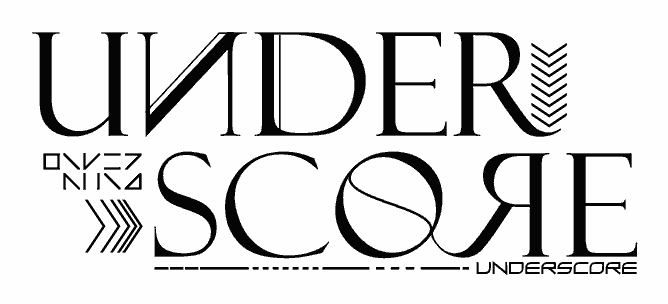 An Underscore logo using large serif font and many small arrows and symbols surrounding it